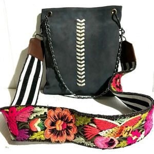 Zulia  & Huipa grey blue crossbody suede leather handbag with embroidery